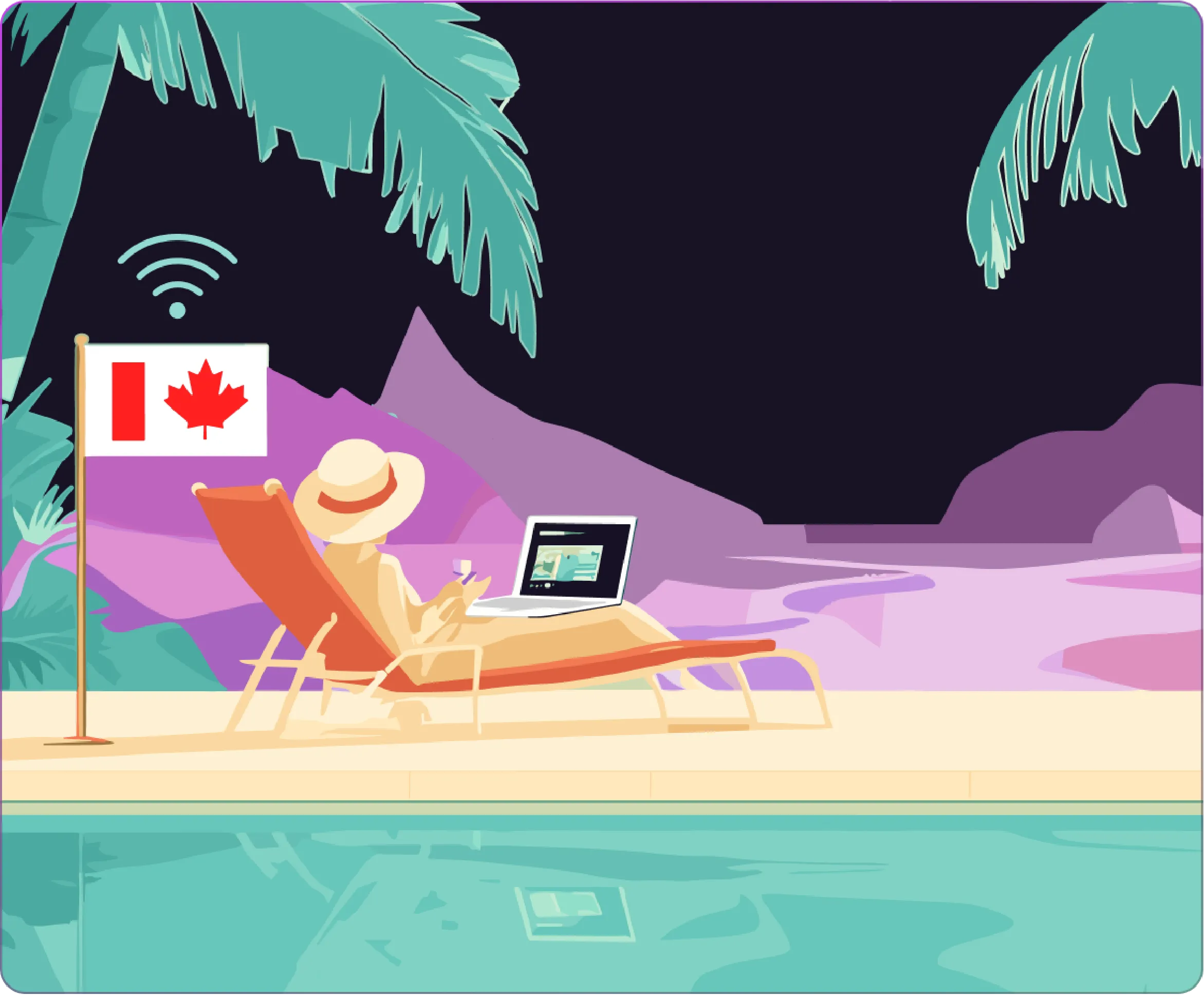 Illustration of a person relaxing by a pool while using a laptop connected to Canadian Wi-Fi, symbolizing remote access and online freedom with a VPN for Canada.